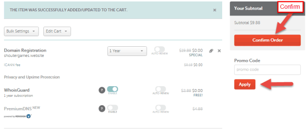 Confirm Order in NameCheap