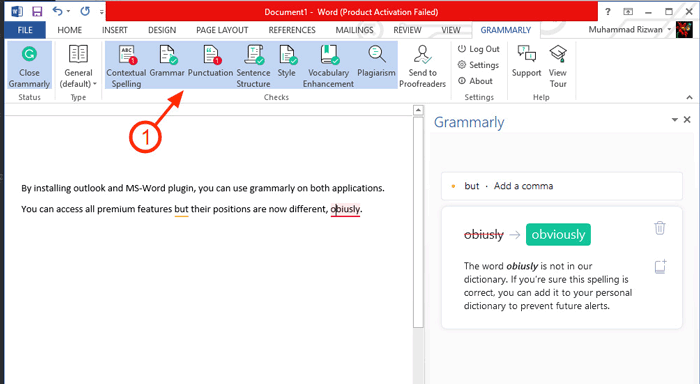 Grammarly-integrated-MS-Word-interface Grammarly integrated MS-Word interface
